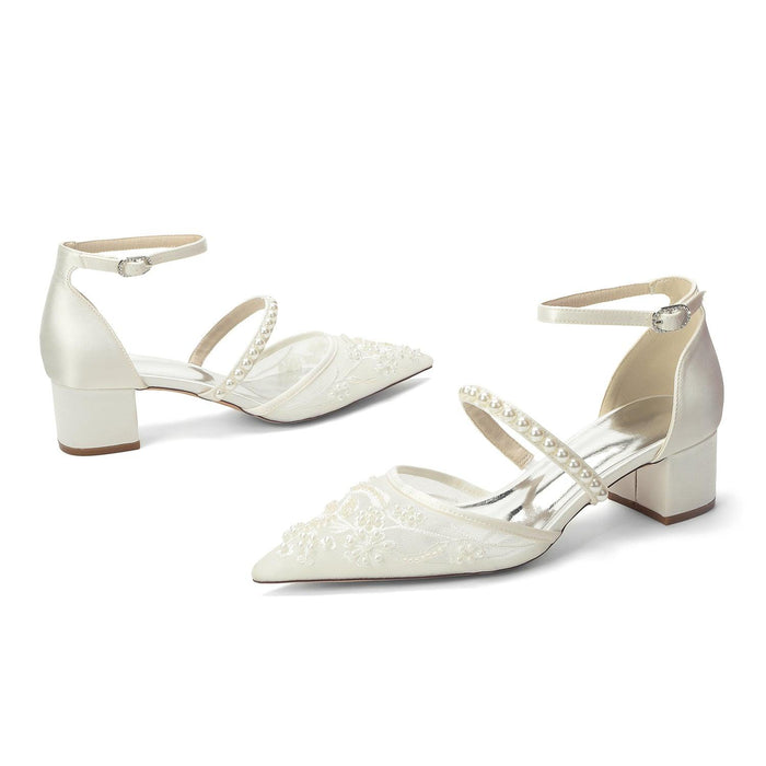 Block Heel 4.5cm Lace Silk-Like Pearl Embroidered Mesh Shoes CK0493