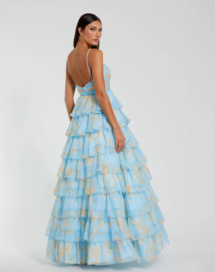 Blue Floral Cut Out Ruffle Tiered Gown - Mac Duggal