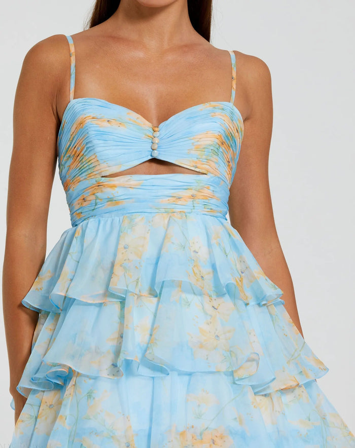 Blue Floral Cut Out Ruffle Tiered Gown Mac Duggal