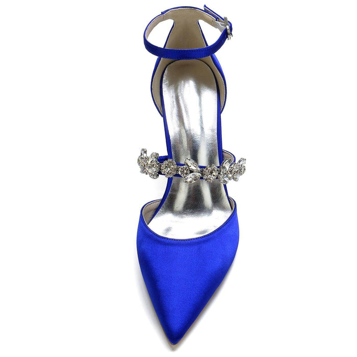 Blue Rhinestone Ankle Strap Pointy Stiletto Heels CK0131 - COCOMELODY