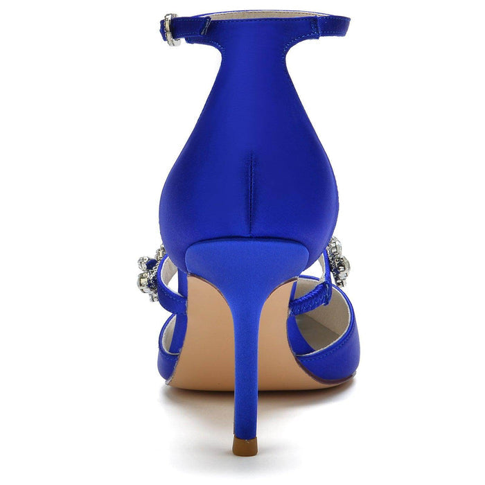 Blue Rhinestone Ankle Strap Pointy Stiletto Heels CK0131 - COCOMELODY
