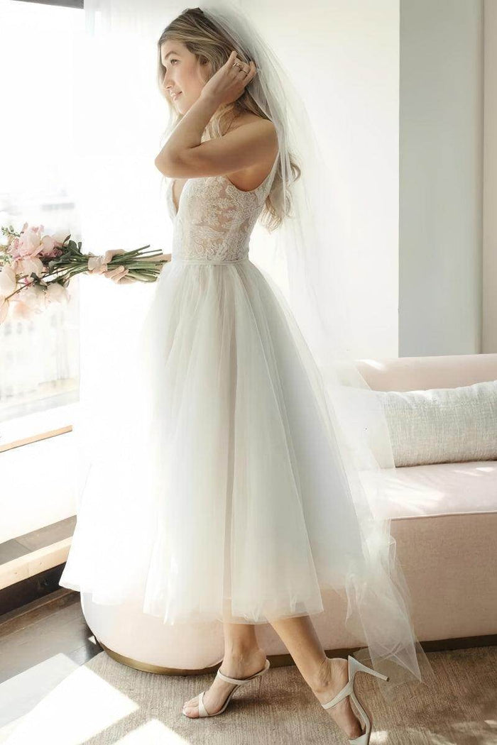 Boho Lace Tea-Length Backless Dress for Reception CW3396CR - COCOMELODY