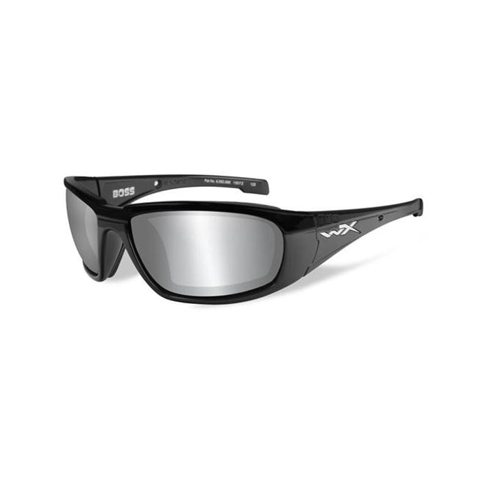 Boss Silver Lens Black Frame: Includes the Following:    Gloss Black Frame    Silver Flash (Smoke Grey) Lens    Removeable Fa