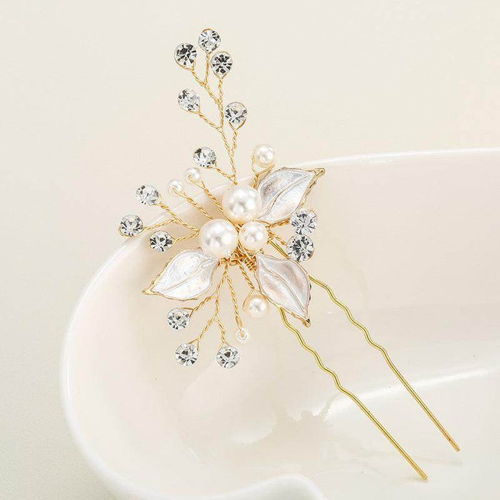 Bridal headwear Leaf hair pin Fashion wedding accessories Handmade pearl U-shaped hairpin set of 3 524682360029 - COCOMELODY