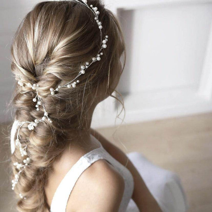 Bride wedding headwear 1 meter long pearl copper hair chain handmade hair accessories 782453848826 - COCOMELODY