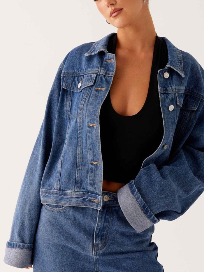 Button Down Cropped Oversized Denim Jacket - Allen Fitness | Running Shoes, Leggings & Activewear UK