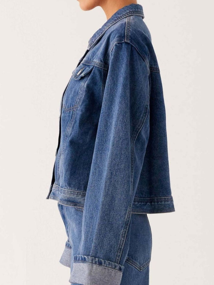 Button Down Cropped Oversized Denim Jacket - Allen Fitness | Running Shoes, Leggings & Activewear UK