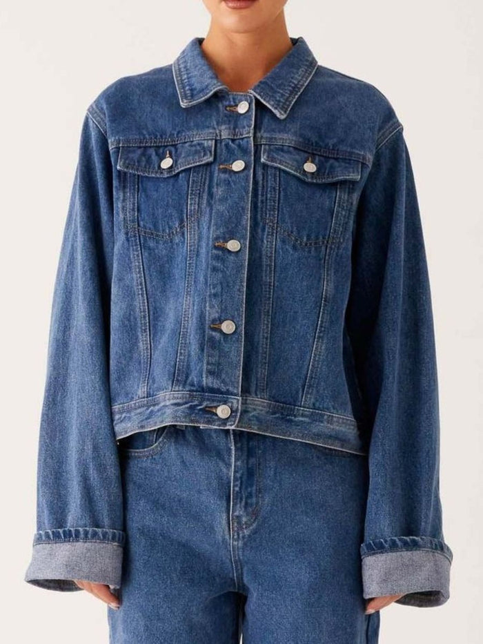 Button Down Cropped Oversized Denim Jacket - Allen Fitness | Running Shoes, Leggings & Activewear UK