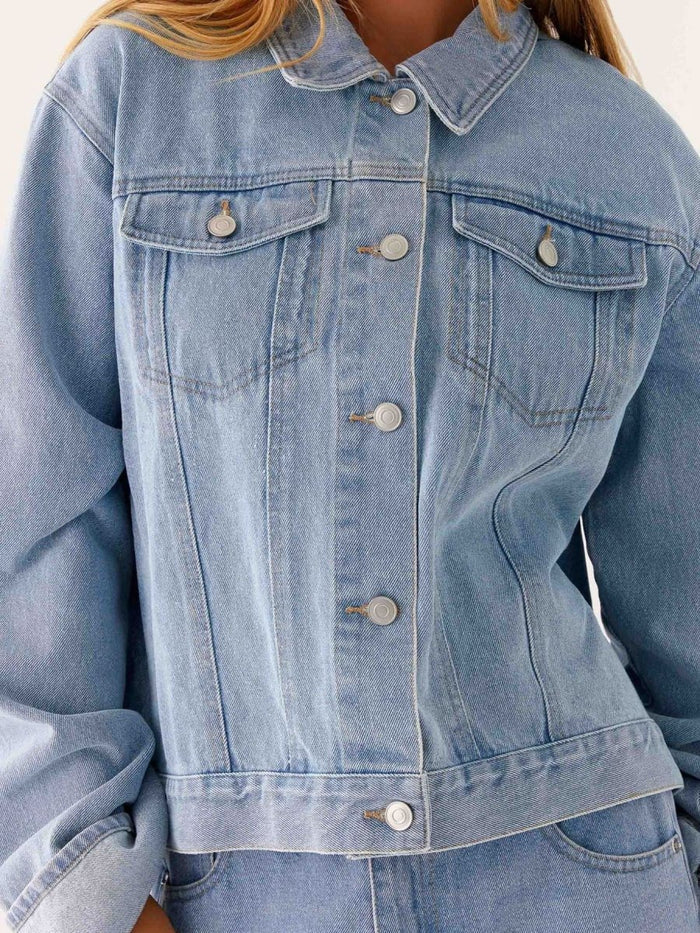 Button Down Cropped Oversized Denim Jacket - Allen Fitness | Running Shoes, Leggings & Activewear UK