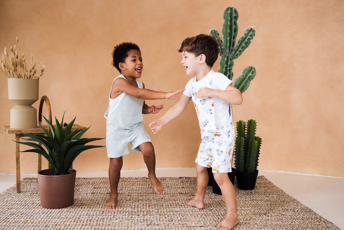 A dynamic lifestyle photograph of two young boys playing and laughing barefoot on a woven jute rug inside a studio with a warm terracotta-colored wall. The boy on the left is wearing a light mint green bubble-style romper featuring a subtle white giraffe and elephant line-art print, worn over a white tank top. The boy on the right is dancing in a white short romper decorated with a colorful pattern of cars and trucks, styled over a simple white t-shirt. The scene is decorated with a tall potted