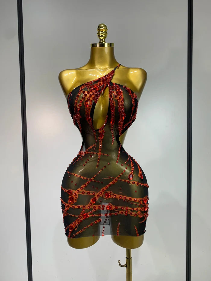 Carmina sexy backless hollow out red diamond mini dress for nightclub and stage performance styling