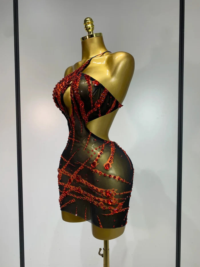 Carmina sexy backless hollow out red diamond mini dress for nightclub and stage performance styling