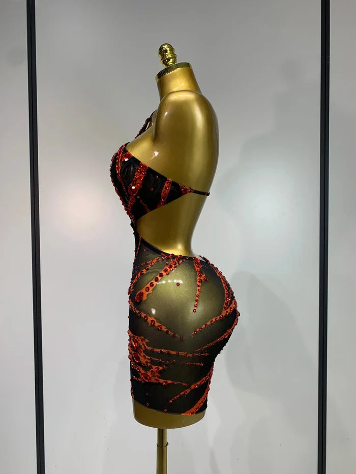Carmina sexy backless hollow out red diamond mini dress for nightclub and stage performance styling