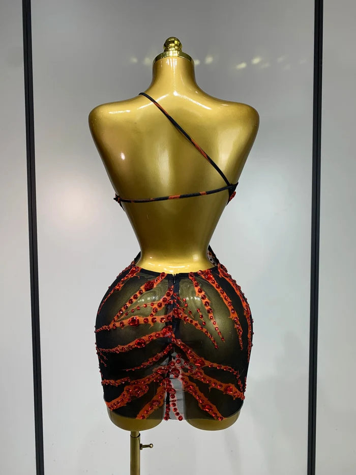 Carmina sexy backless hollow out red diamond mini dress for nightclub and stage performance styling