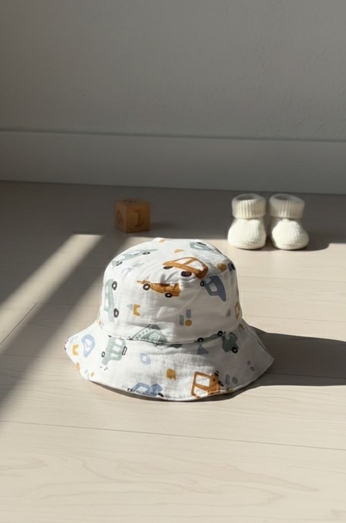A photograph of a white baby bucket hat with a colorful print of cars and trucks in shades of blue, yellow, and orange. The hat is sitting on a light-colored wooden floor in a patch of bright sunlight. In the soft-focus background, a wooden toy block and a pair of white knitted baby booties are visible against a white wall.