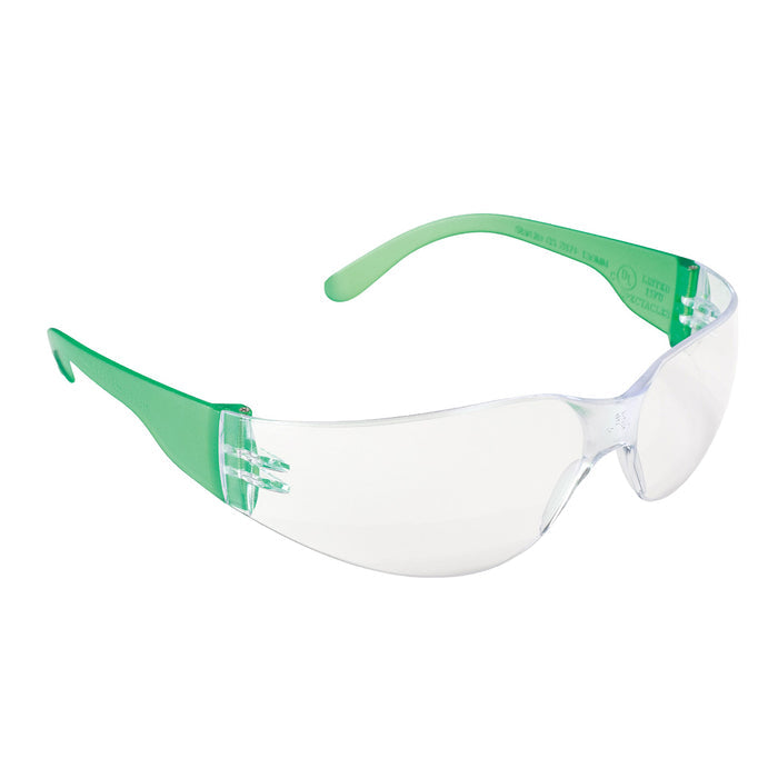 Clear safety glasses with translucent green temple arms, shown on a plain white background.