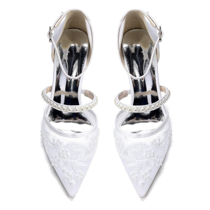 Chunky Heel 8.5cm Lace Silk-Like Pearl Embroidered Mesh Shoes CK0500