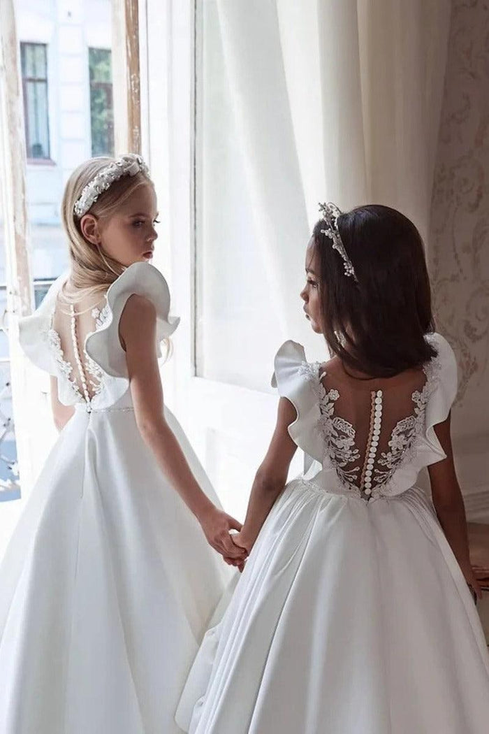 Classic Flutter Cap Sleeve Plain Satin Flower Girl Dresses 937002922707
