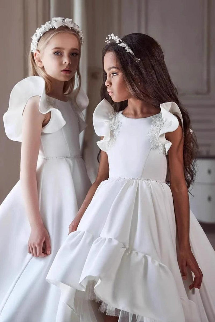 Classic Flutter Cap Sleeve Plain Satin Flower Girl Dresses 937002922707