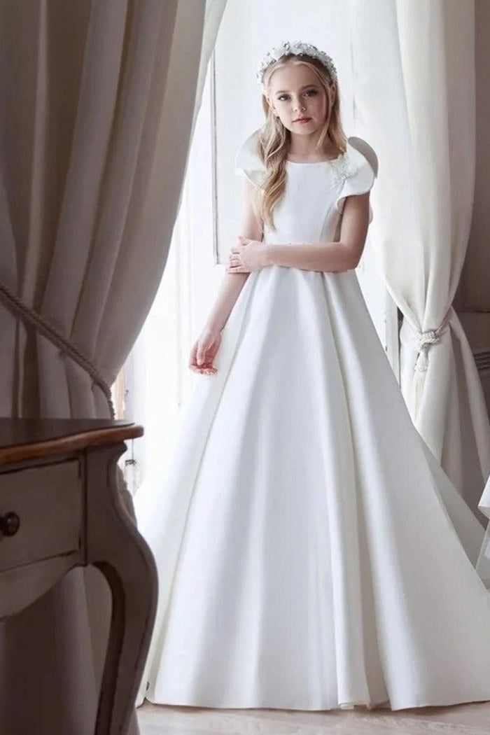 Classic Flutter Cap Sleeve Plain Satin Flower Girl Dresses 937002922707