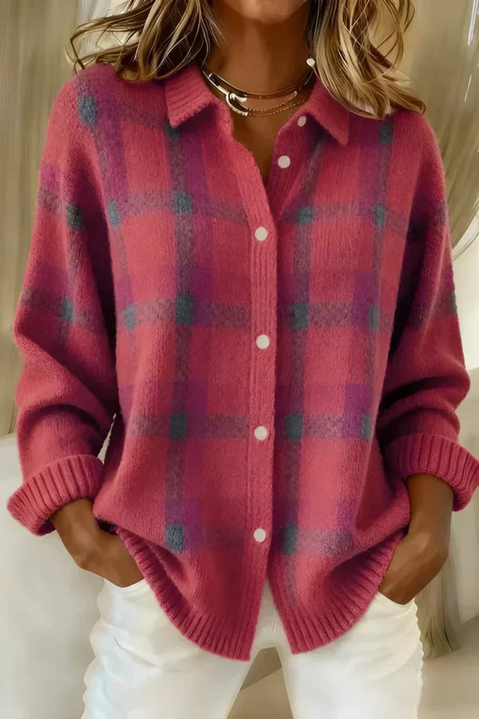 Denise - Cozy Pink Plaid Knit Cardigan