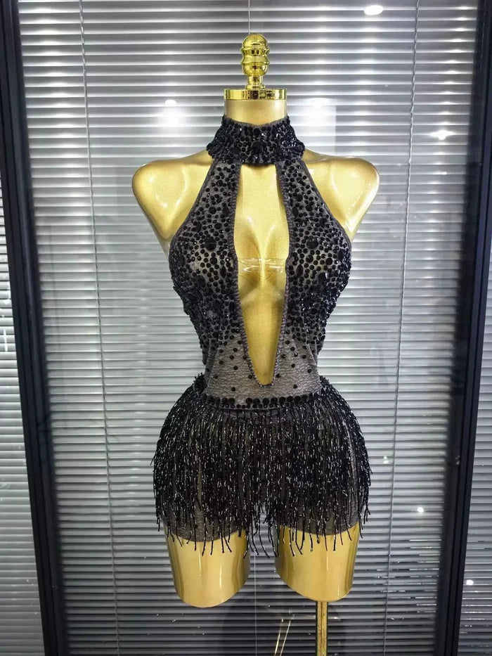 Denise sexy mesh see-through sequin tassel bodycon bodysuit for nightclub and birthday party styling