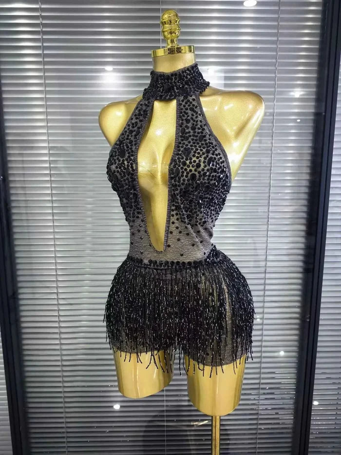 Denise sexy mesh see-through sequin tassel bodycon bodysuit for nightclub and birthday party styling
