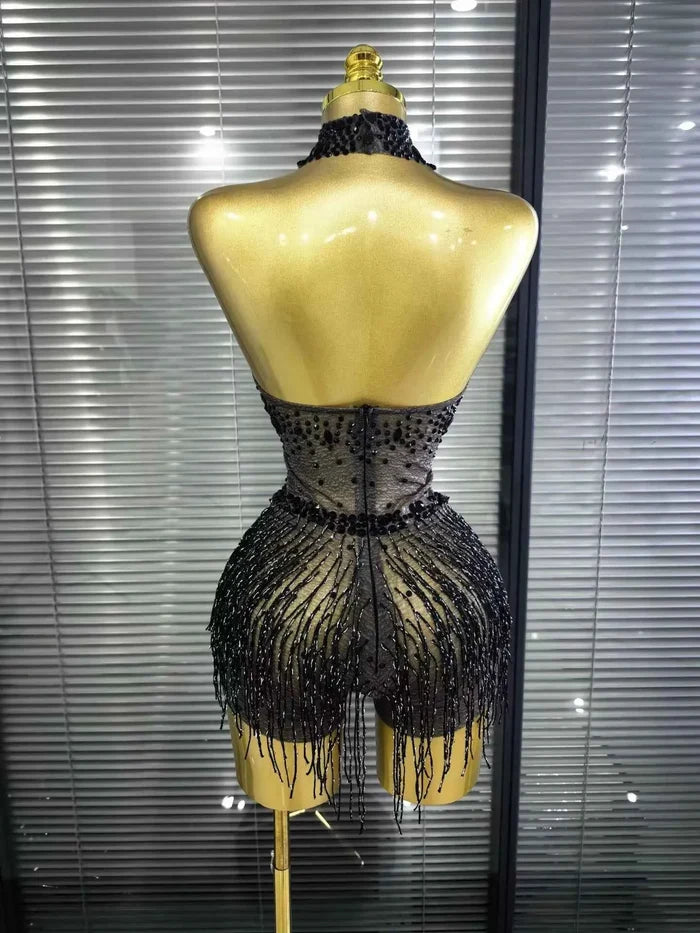 Denise sexy mesh see-through sequin tassel bodycon bodysuit for nightclub and birthday party styling