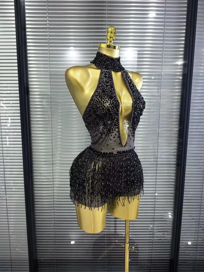 Denise sexy mesh see-through sequin tassel bodycon bodysuit for nightclub and birthday party styling
