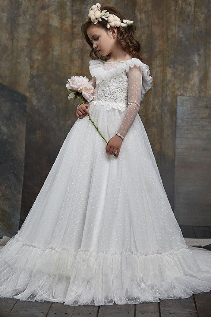 Dot Sheer Long Sleeve Sweep-Brush Train Tulle Flower Girl Dresses 631984909444