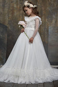Dot Sheer Long Sleeve Sweep-Brush Train Tulle Flower Girl Dresses 631984909444