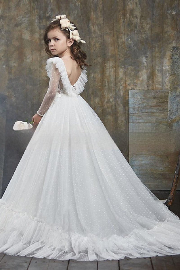 Dot Sheer Long Sleeve Sweep-Brush Train Tulle Flower Girl Dresses 631984909444