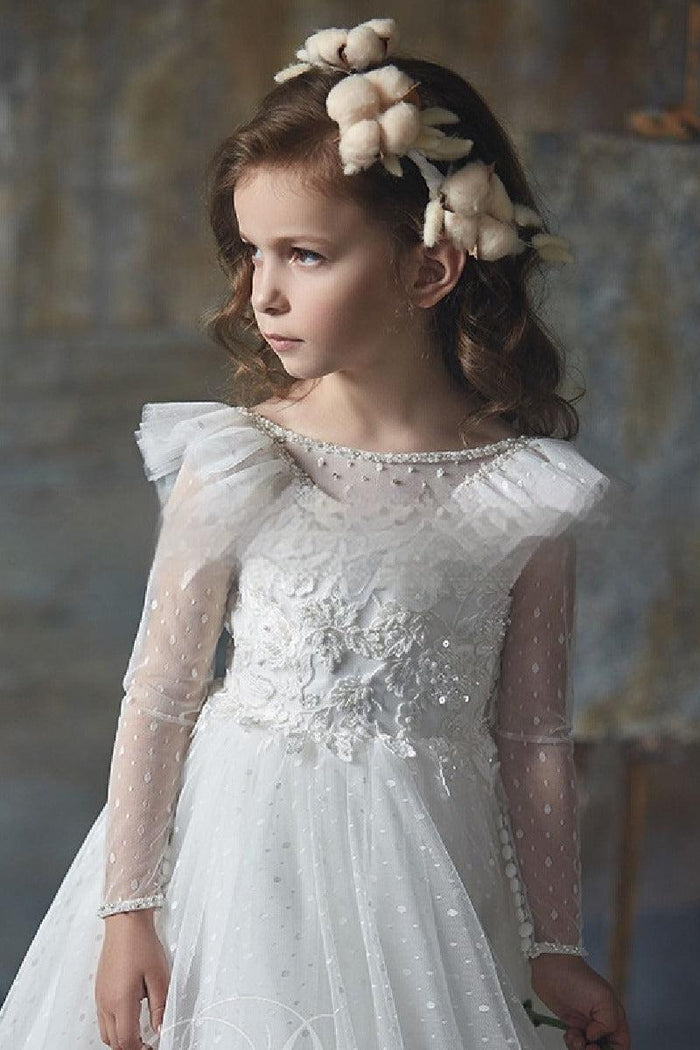 Dot Sheer Long Sleeve Sweep-Brush Train Tulle Flower Girl Dresses 631984909444