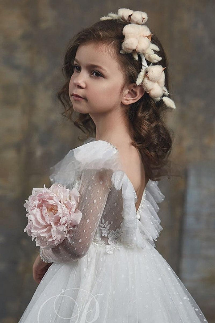 Dot Sheer Long Sleeve Sweep-Brush Train Tulle Flower Girl Dresses 631984909444