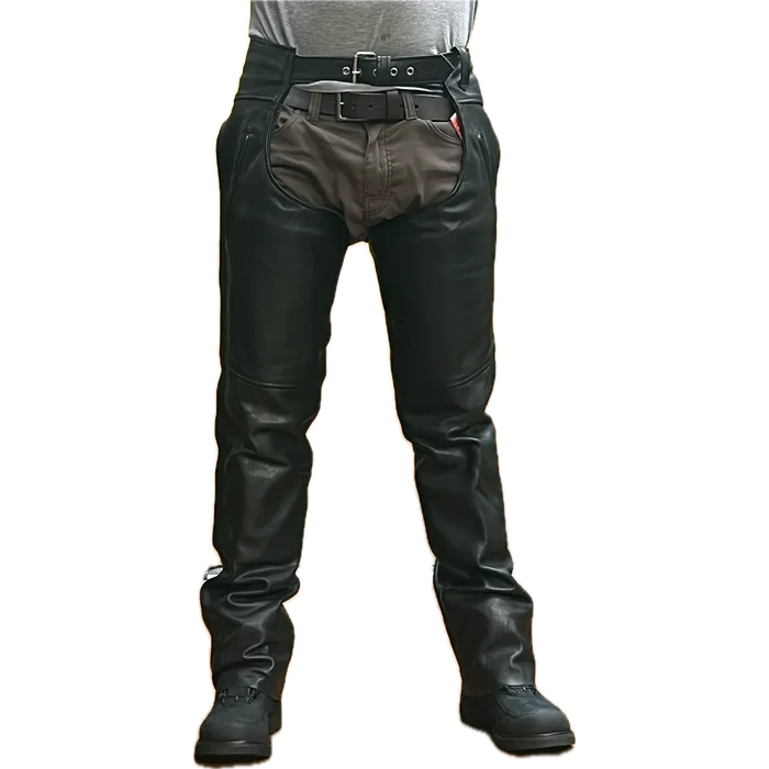 Front view of Eagle Leather Brandon Chaps Tall in 1.1–1.2 mm cowhide with YKK zippers, buckle waist, and removable insulated lining.