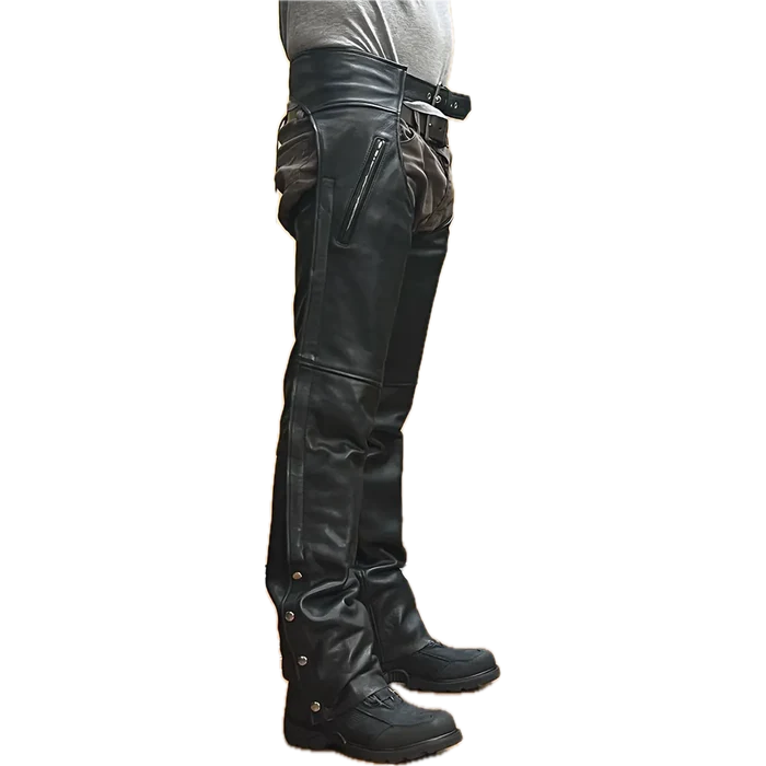 Eagle Leather Brandon Chaps Tall made from 1.1–1.2 mm cowhide with YKK side zippers, four-snap bottom closure, buckle waist, and removable insulated lining.