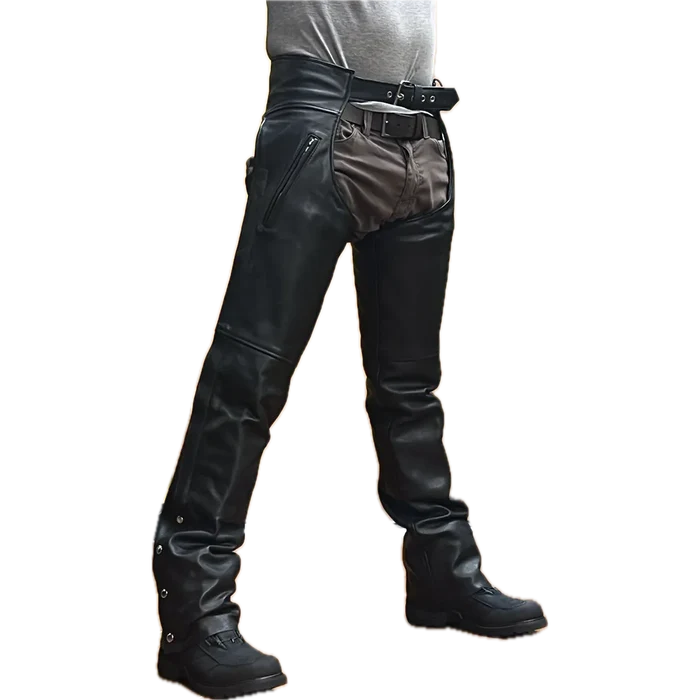 Eagle Leather Brandon Chaps Tall, 45-degree left view showing full-grain cowhide construction without stretch panels.