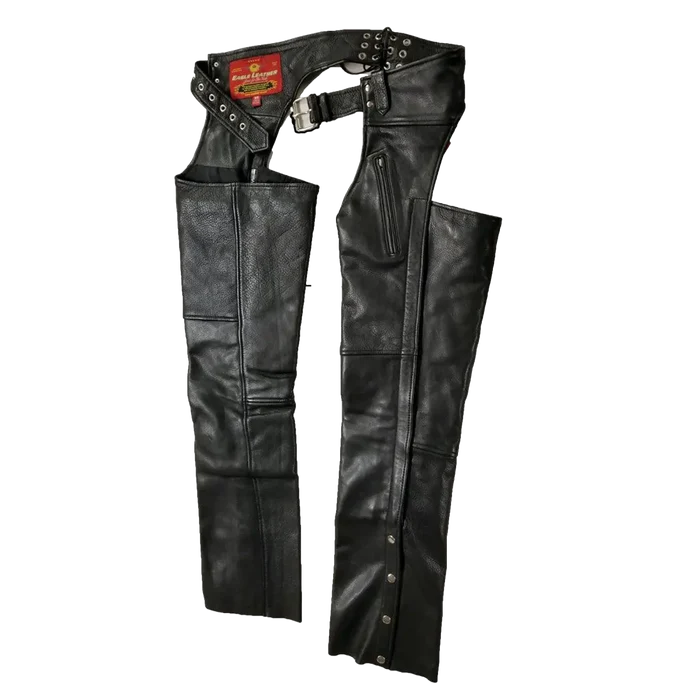 Flat lay of Eagle Leather Brandon Chaps Tall showing buckle waist, lace back adjustments, inner thigh panels, and outer leg zippers with snaps.