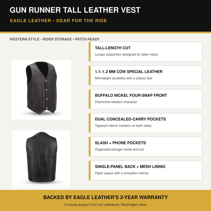 Eagle Gun Runner Tall leather vest features and benefits overview