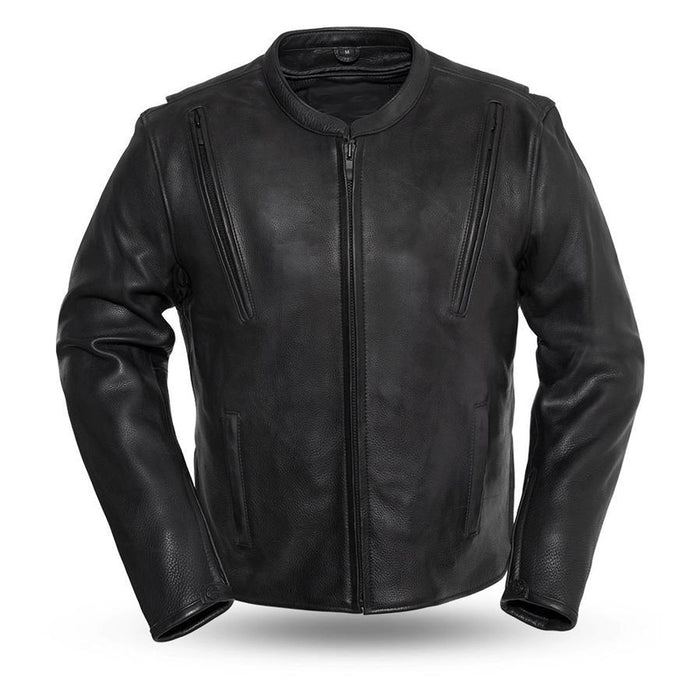 Front view of the Eagle Leather Revolt jacket in black, 1.3-1.4 mm platinum cowhide with banded collar and center zipper