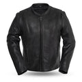 Front view of the Eagle Leather Revolt jacket in black, 1.3-1.4 mm platinum cowhide with banded collar and center zipper