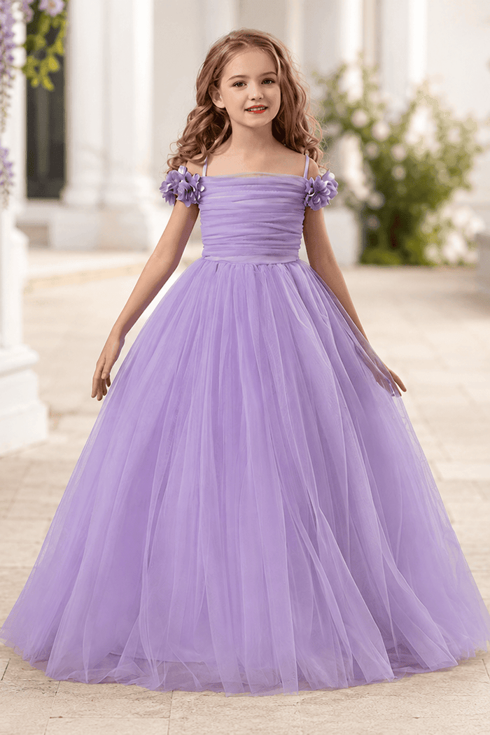 Elegant Floral Shoulder Ruched Bodice Tulle Flower Girl Dresses 890443747250