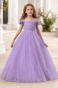 Elegant Floral Shoulder Ruched Bodice Tulle Flower Girl Dresses 890443747250
