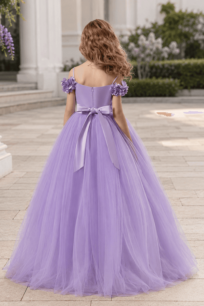 Elegant Floral Shoulder Ruched Bodice Tulle Flower Girl Dresses 890443747250