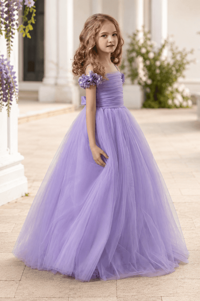 Elegant Floral Shoulder Ruched Bodice Tulle Flower Girl Dresses 890443747250