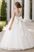 Elegant Lace Bodice Illusion Neckline Bow Back Tulle Flower Girl Dresses 901111463292