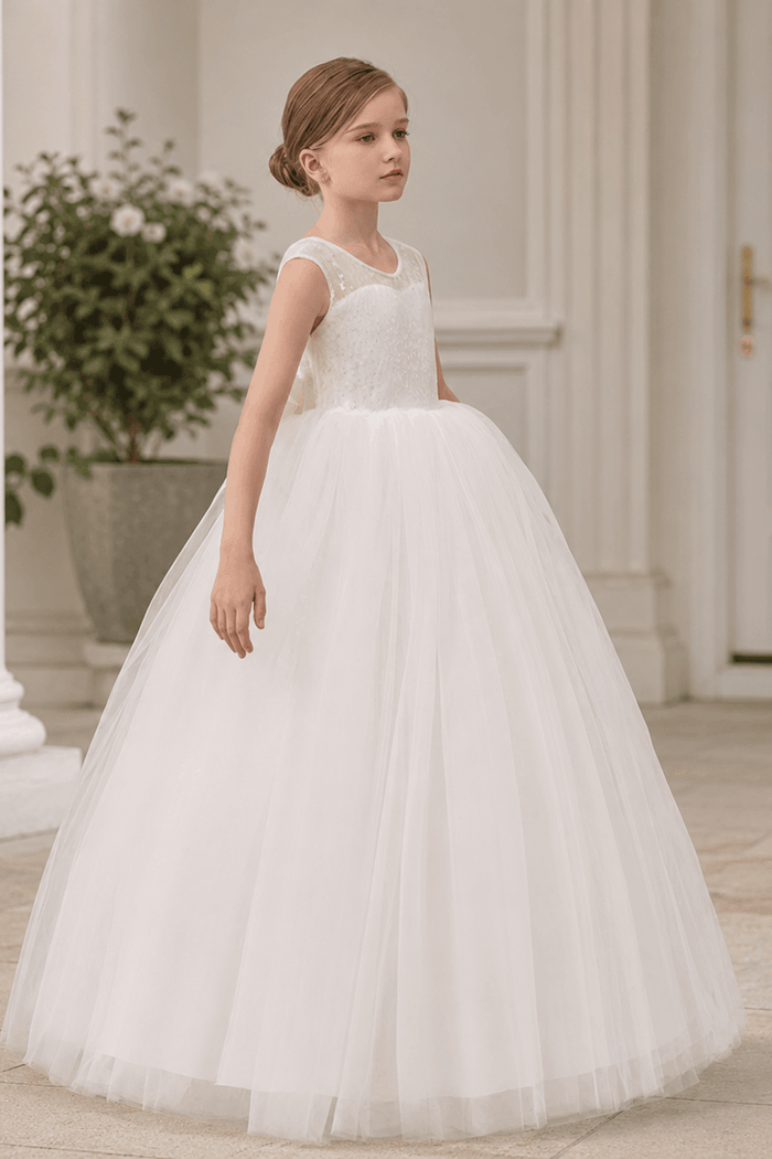 Elegant Lace Bodice Illusion Neckline Bow Back Tulle Flower Girl Dresses 901111463292