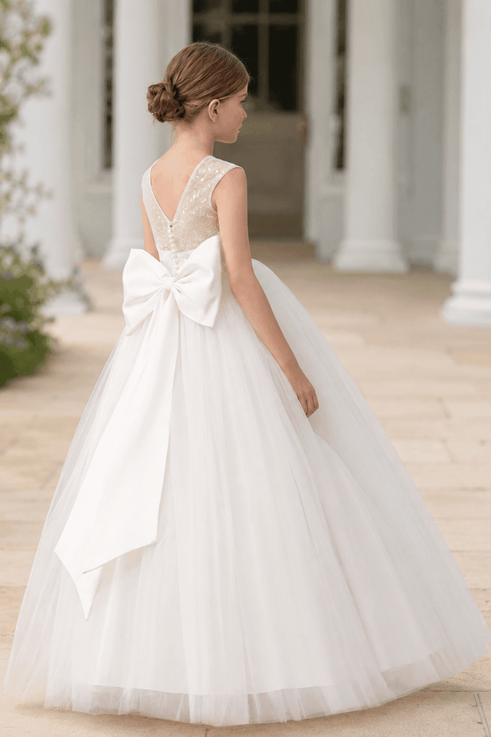Elegant Lace Bodice Illusion Neckline Bow Back Tulle Flower Girl Dresses 901111463292