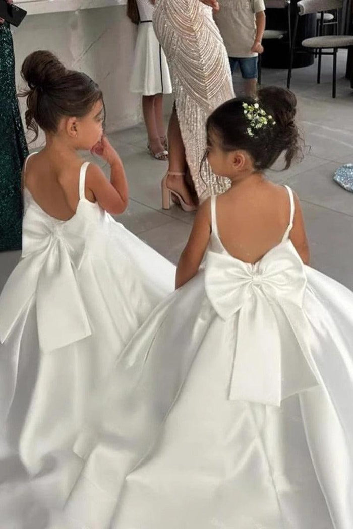 Elegant Satin Spaghetti Straps Back Big Bow Flower Girl Dresses 943918273899