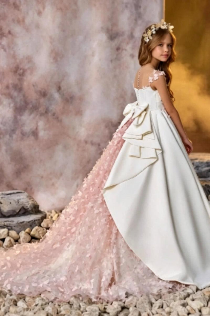 Elegant Satin Spaghetti Straps Floral Train Flower Girl Dresses 672653020402
